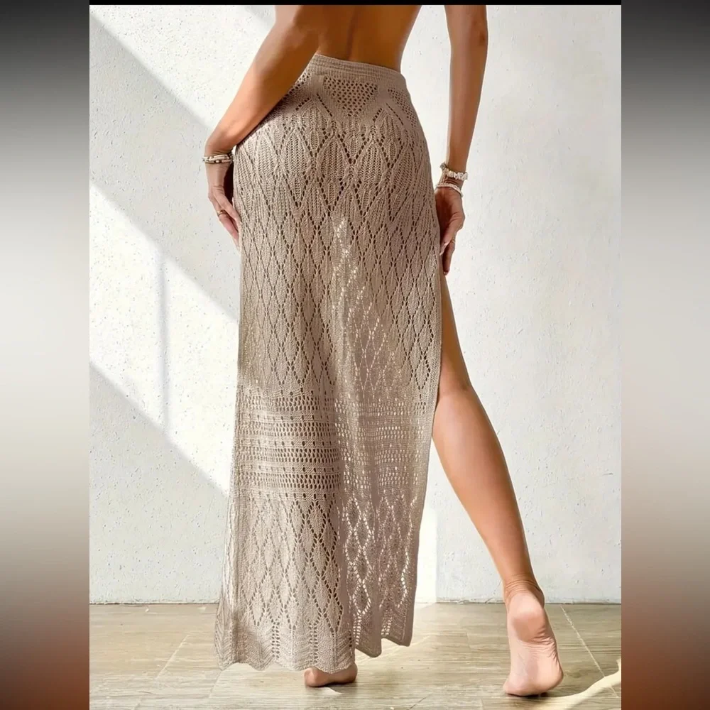 Beige Crochet Knit Maxi Skirt - Picture 2 of 10